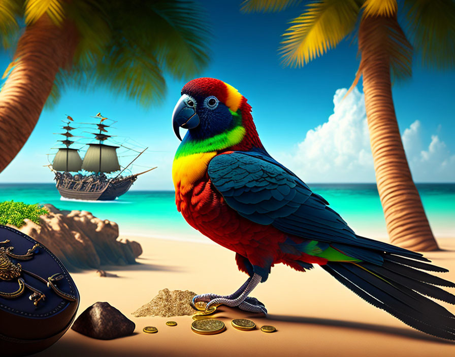 Vibrant parrot on beach with treasure chest, coins, palm trees, ship - colorful scene