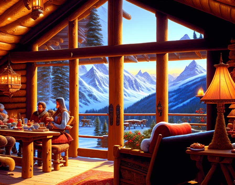 Rustic cabin dining room with snowy mountain view