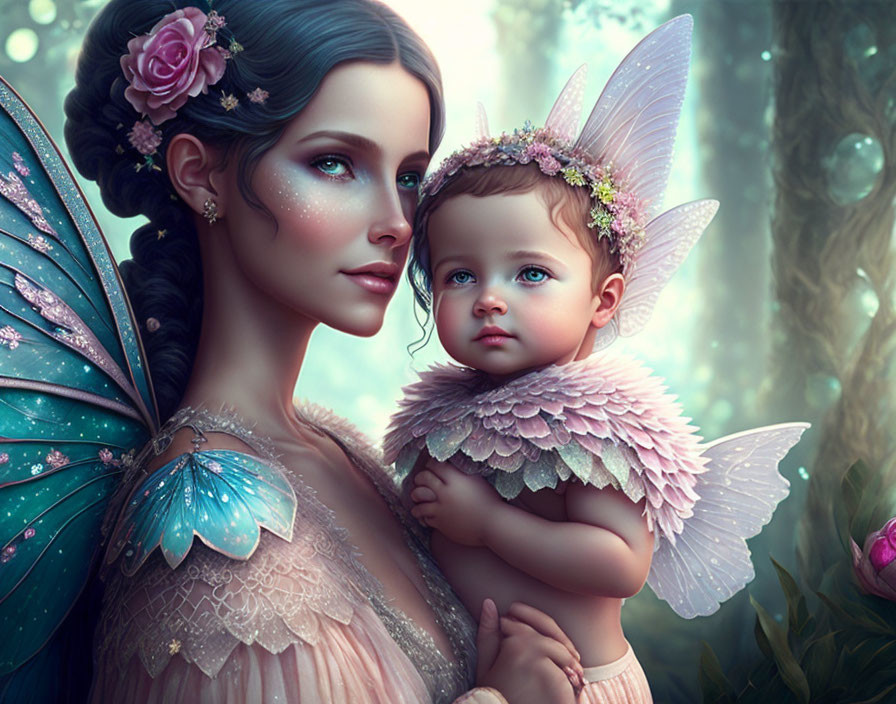 Fairy woman and child with wings in enchanted forest illustration