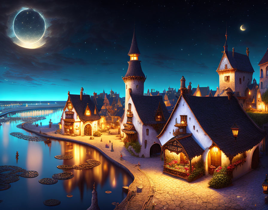 Medieval village with illuminated houses and castles by moonlit river