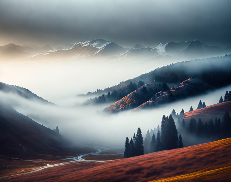 Autumn landscape: rolling hills, misty valleys, winding road, snow-capped mountains