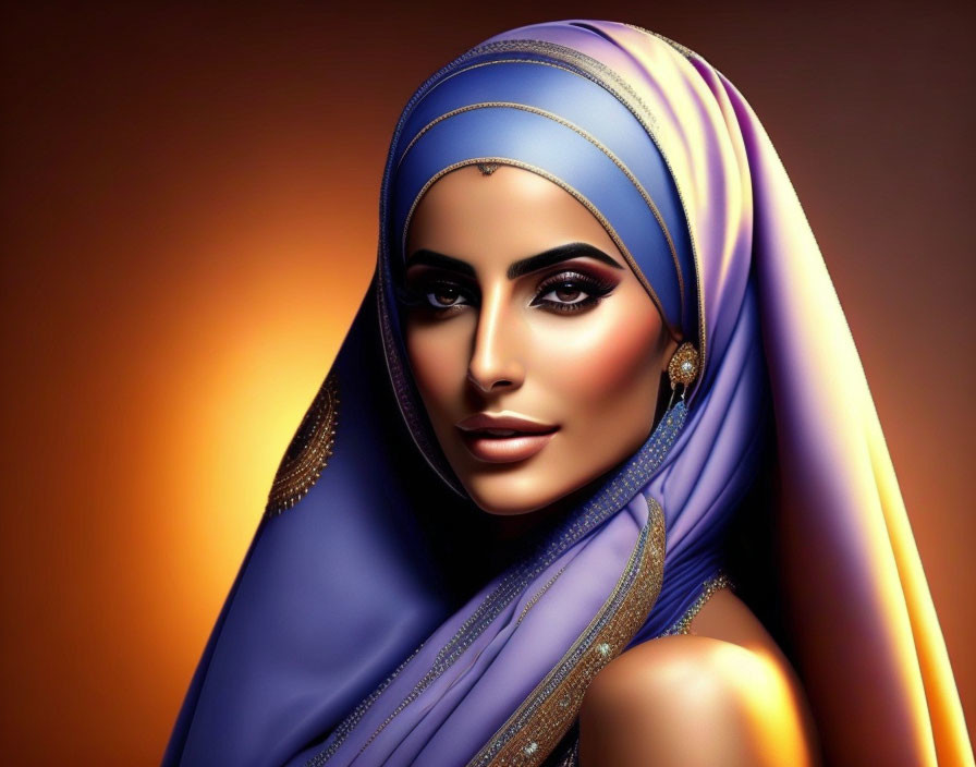 Vibrant blue and purple hijab on woman in digital portrait