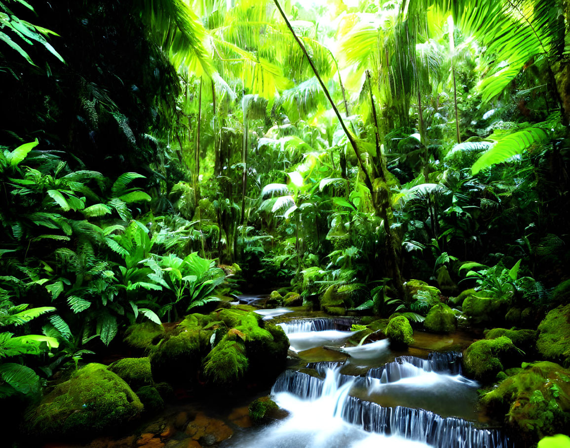 Tropical forest with cascading stream, vibrant ferns, and sunlight.