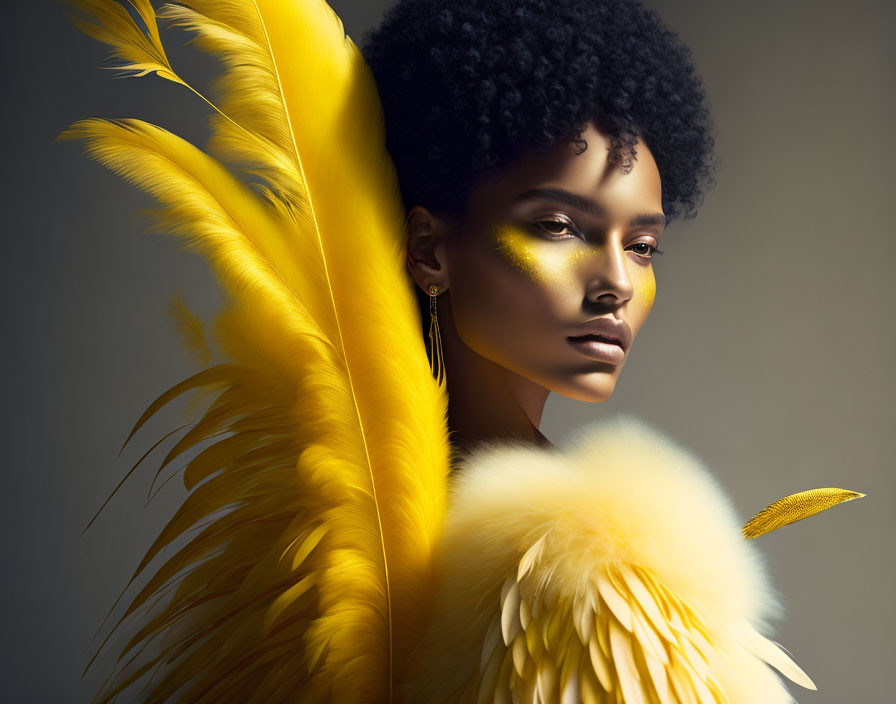 Woman with bold yellow makeup and vibrant feather accents