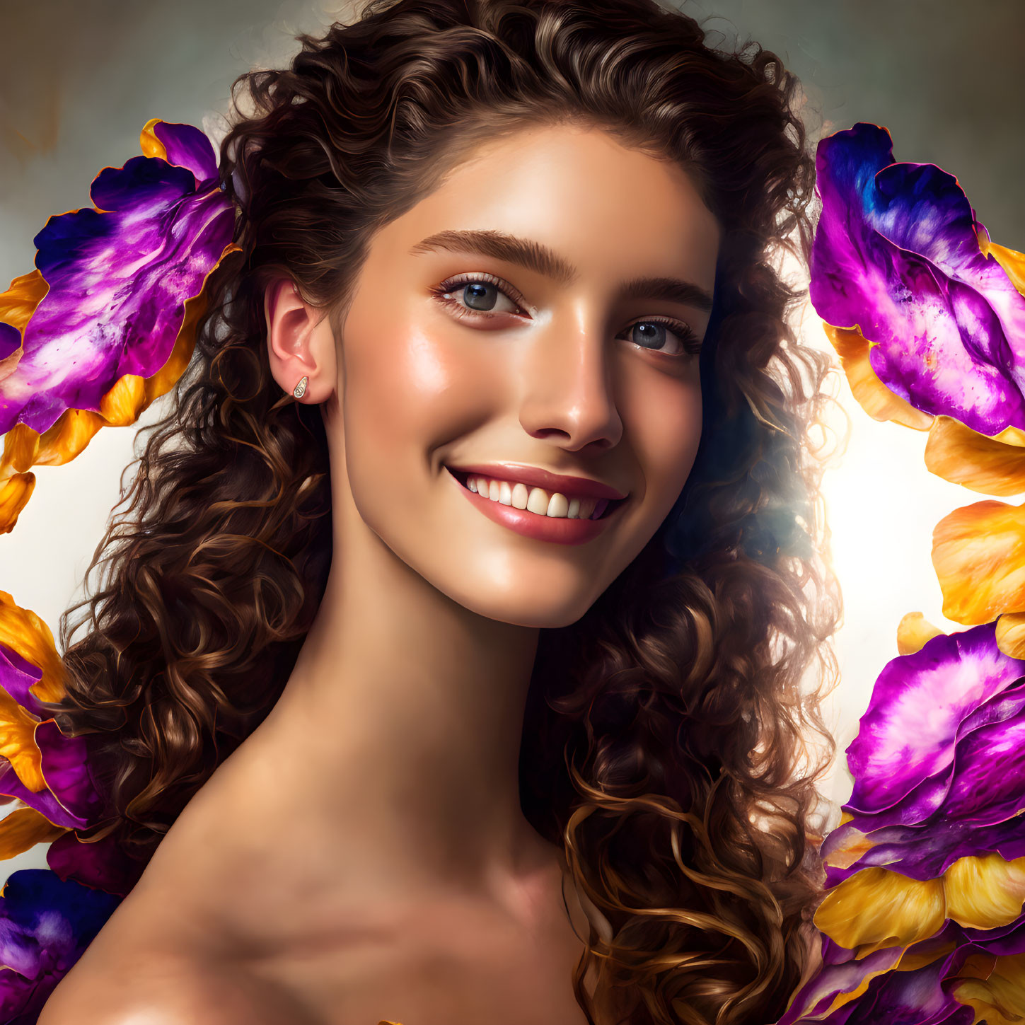 Smiling Woman Portrait with Curly Hair and Petals on Warm Background