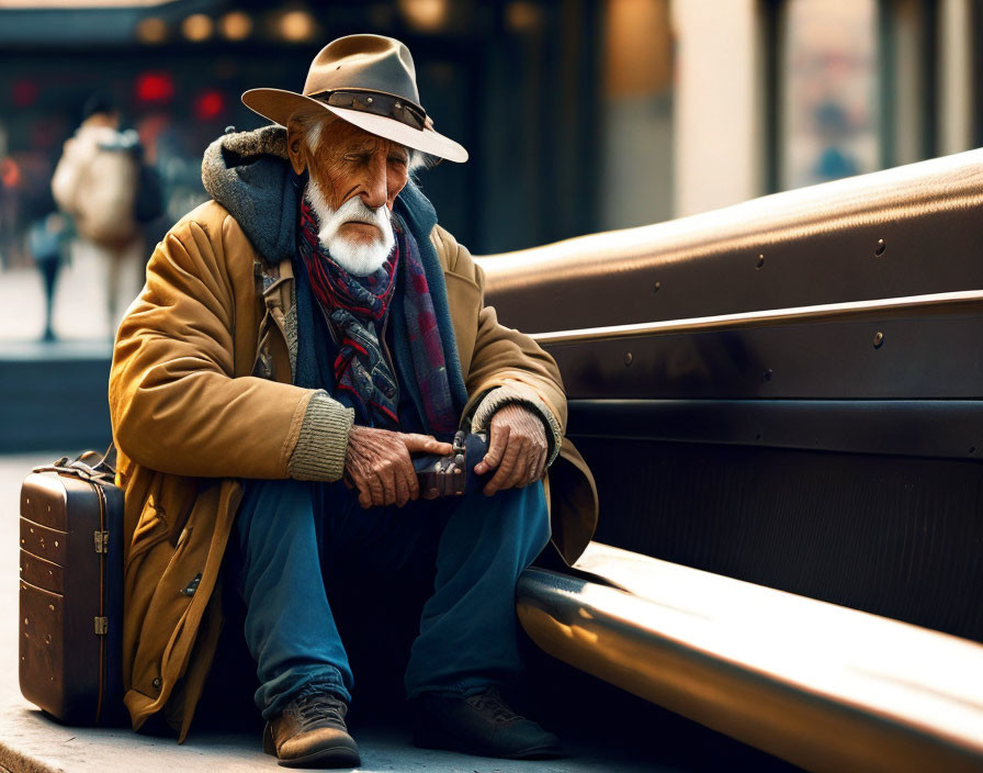 Elderly Man in Hat and Coat Contemplating on Bench