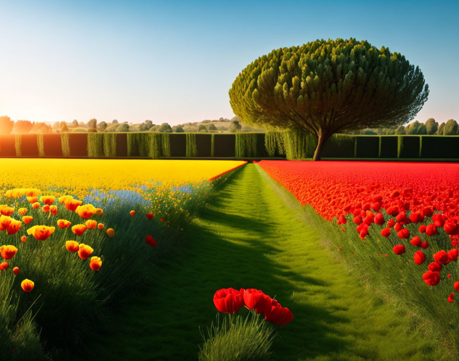 Colorful Field with Tree and Long Shadow on Grass