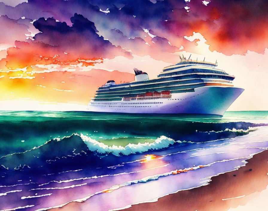 Vibrant watercolor painting: cruise ship, colorful sunset, ocean waves