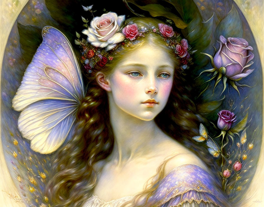 Young girl with floral crown and butterfly wing in rose-filled scene.