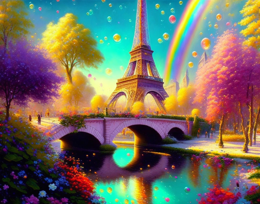 Colorful Eiffel Tower illustration with rainbow and lush flora.