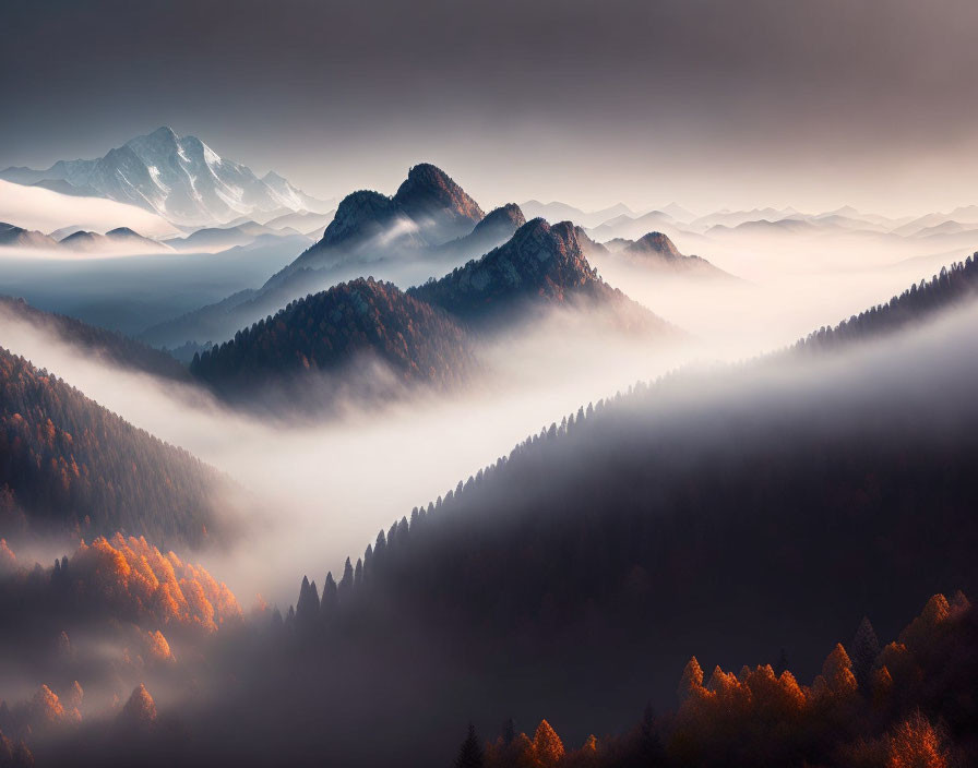 Foggy sunrise over snow-capped mountains