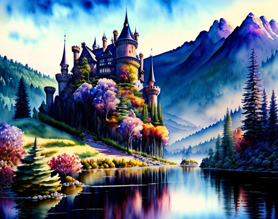 Fantasy castle with spires, autumn trees, lake, and mountains