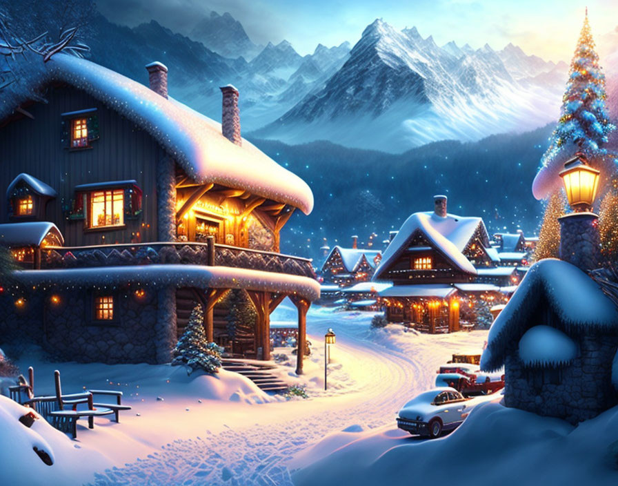 Snow-covered village at dusk with cozy houses and mountain backdrop