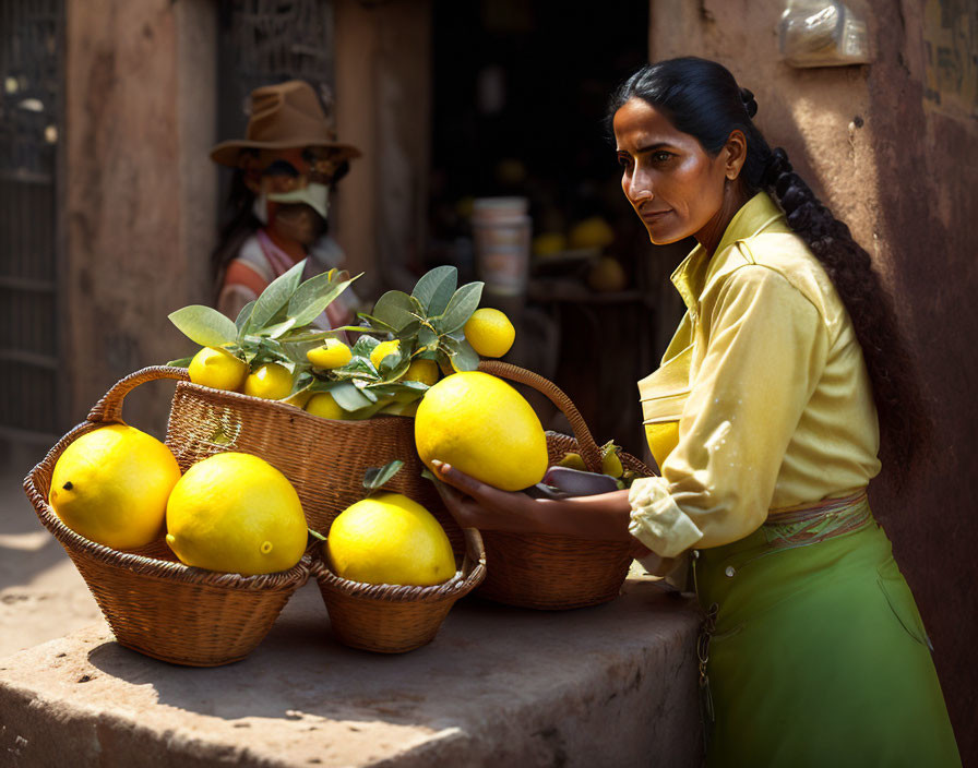 Woman in yellow blouse and green skirt with lemons and child in background