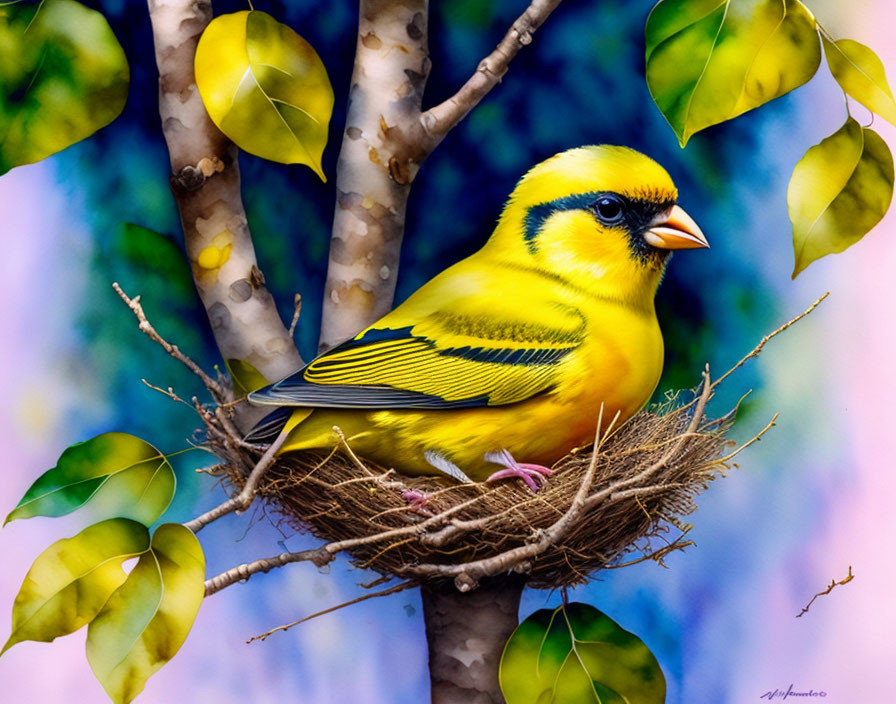 Colorful bird on nest in green foliage with soft-focus backdrop