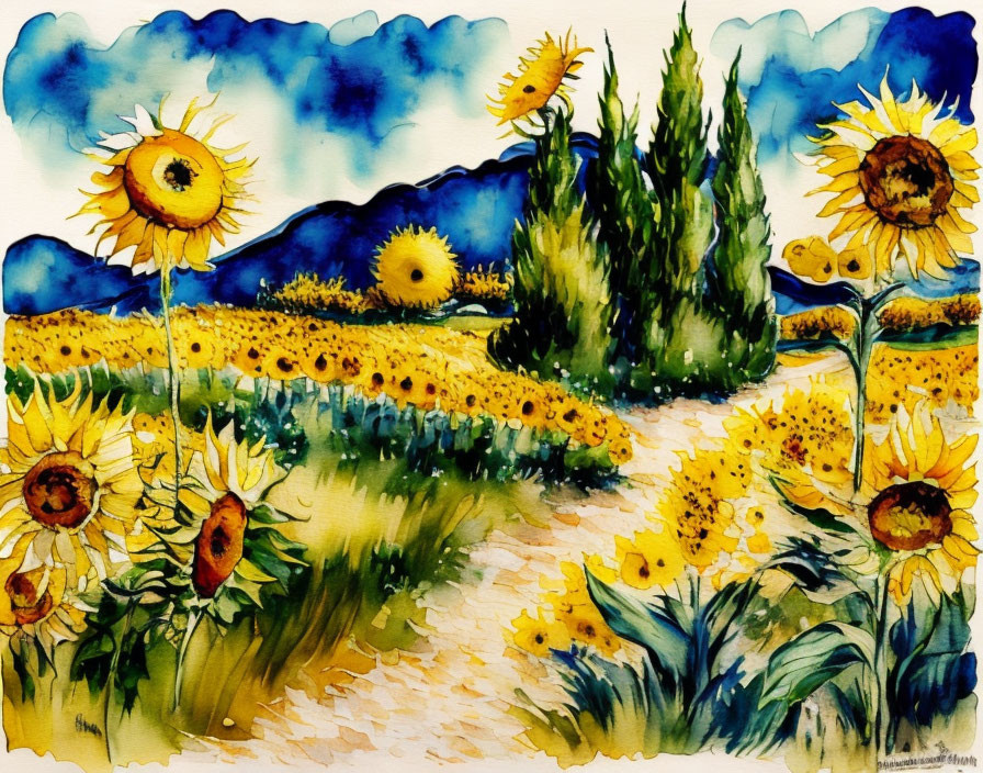 Sunflower field watercolor painting with trees and blue sky