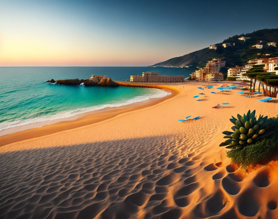 Golden sunset beach scene with blue sun loungers and coastal town backdrop