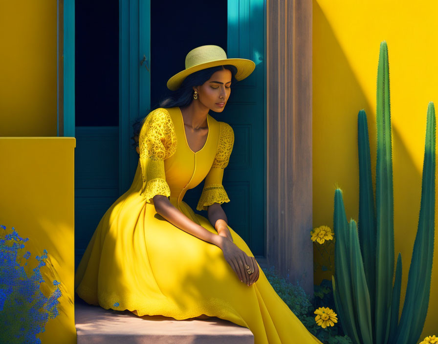 Woman in Yellow Dress and Hat by Blue Door in Warm Setting