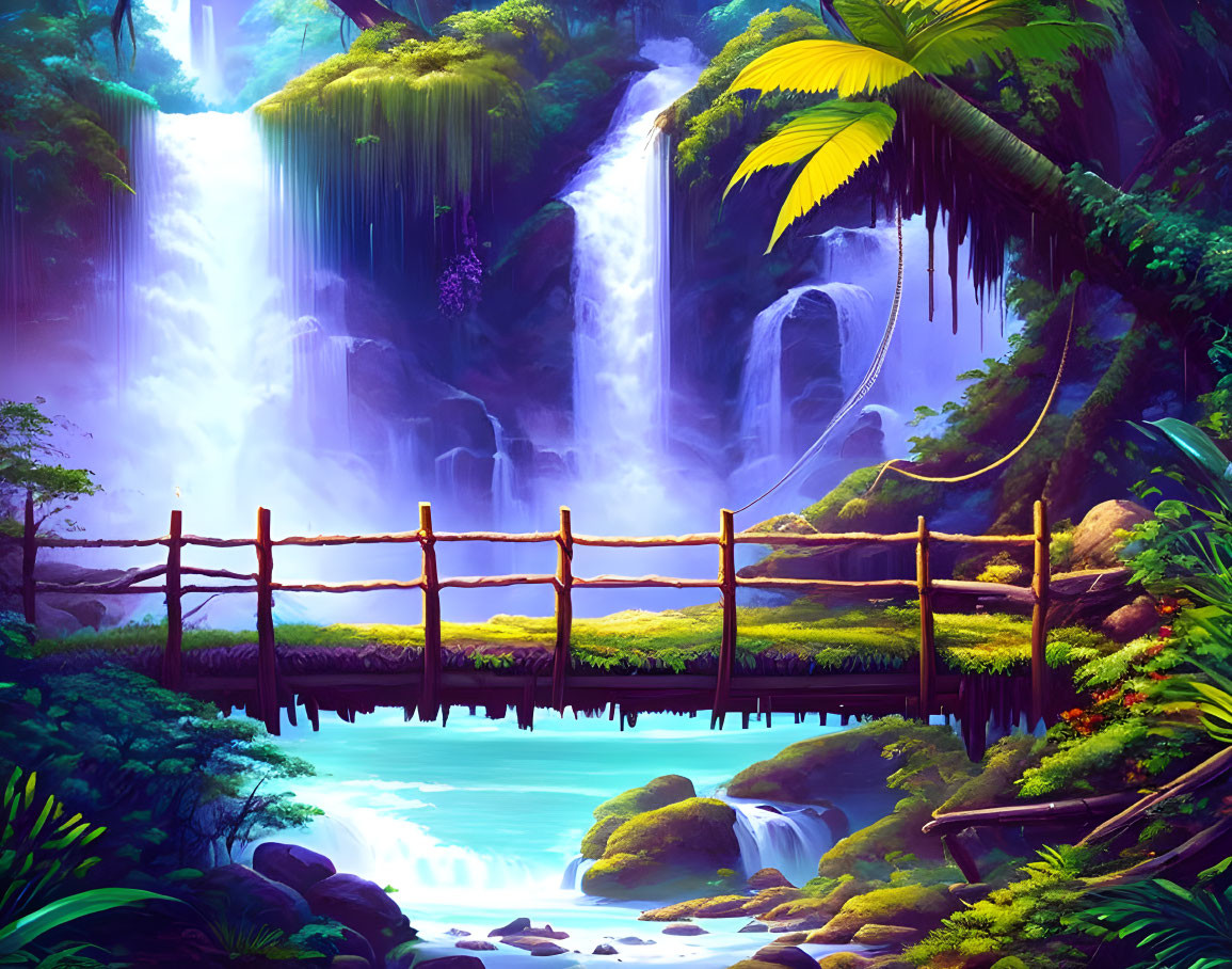 Majestic waterfall in lush forest with wooden bridge