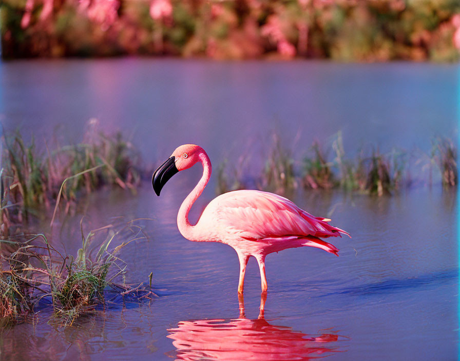 Pink flamingo in shallow water with reflection and foliage.