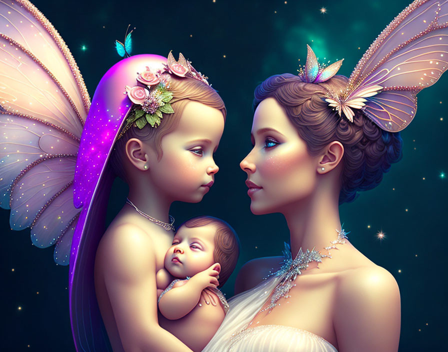 Whimsical fairy mother and child under starry sky