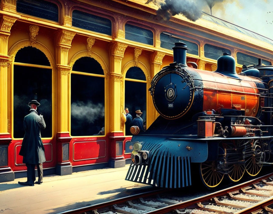 Man in hat by vibrant steam train at station with billowing smoke