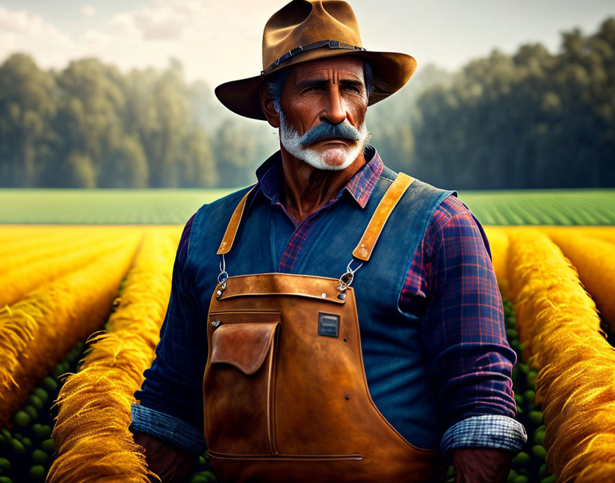 Elderly man in hat, suspenders, plaid shirt in front of farm field