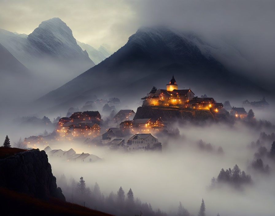 Misty landscape with castle on hill, fog-covered mountains, glowing village lights