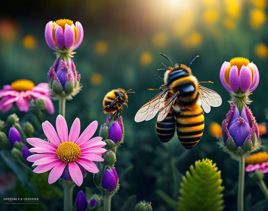 Detailed Close-Up of Bee in Flight Among Vibrant Flowers