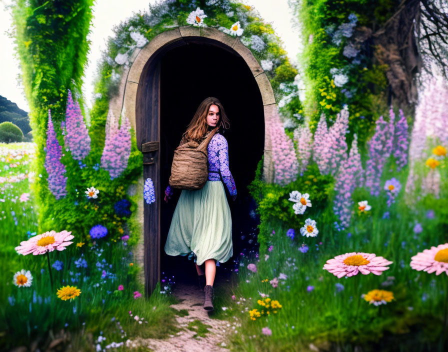 Woman exiting round doorway into vibrant garden with lush greenery.