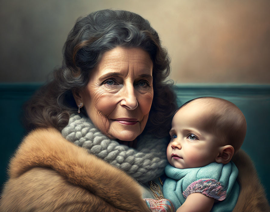 Elderly woman with curly hair holding baby in blue garment