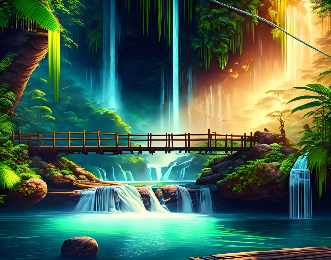 Illustration of wooden bridge over serene waterfall surrounded by lush foliage