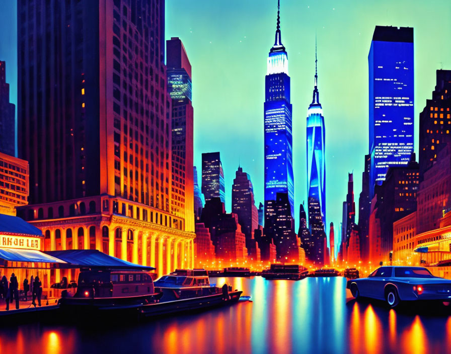 Neon-lit cityscape at dusk with skyscrapers, reflective river, boats, and futuristic