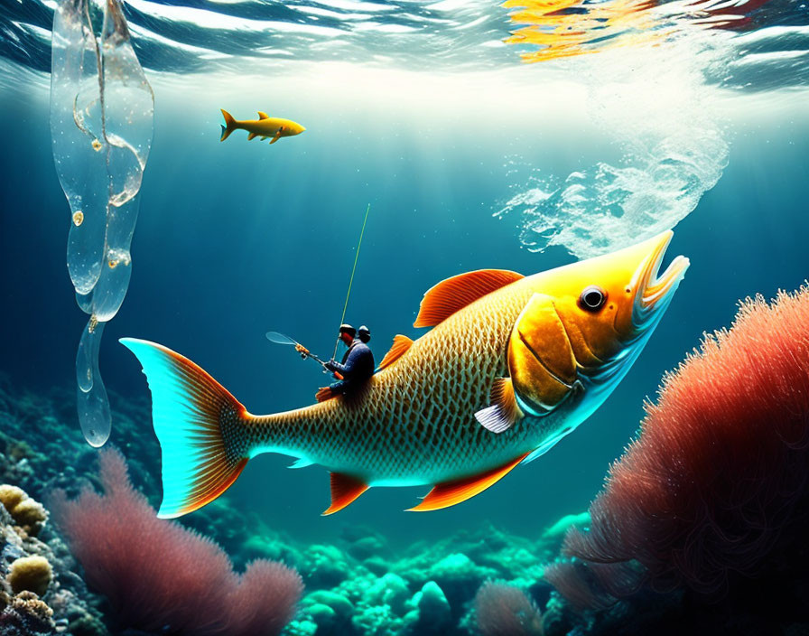 Miniature diver on giant fish in vibrant coral reef underwater