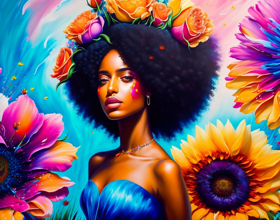 Colorful portrait of woman with voluminous afro and flowers in whimsical style