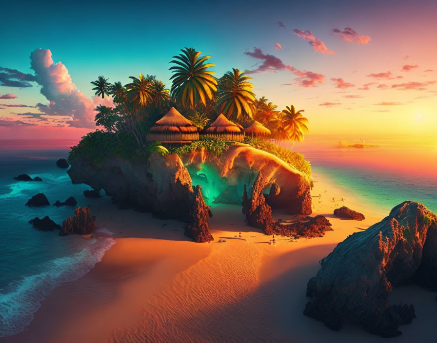 Tropical island with palm trees, huts, sunset, sea, beaches, and rocky outc