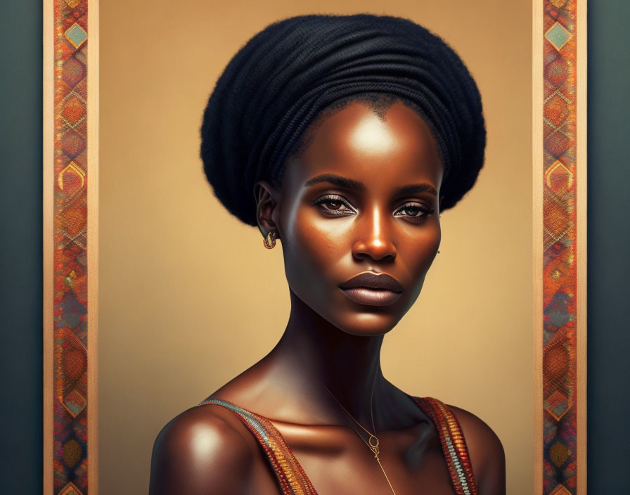 Dark-skinned woman with black afro portrait on warm background