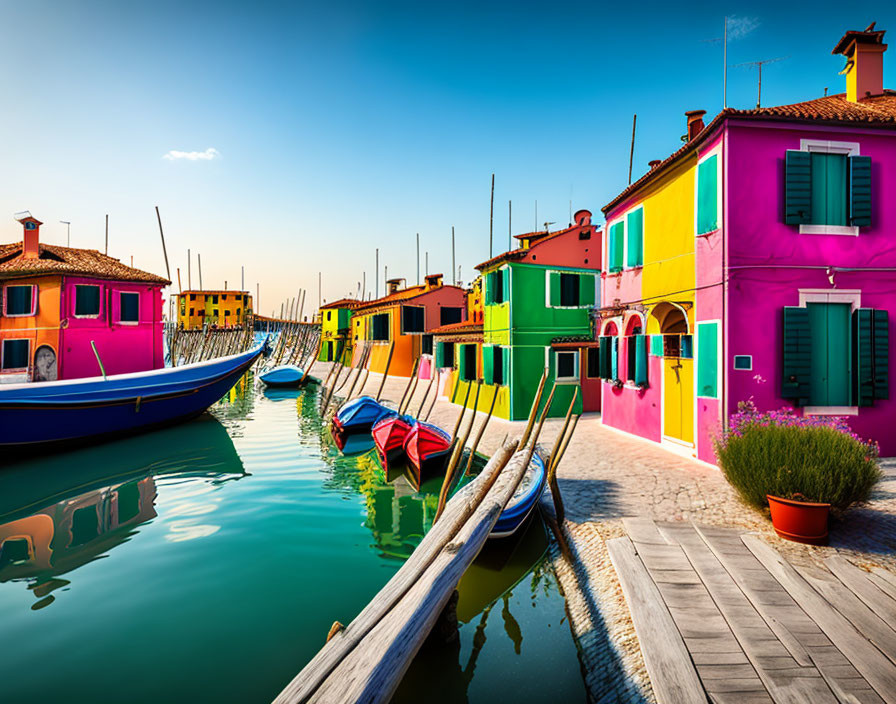 Colorful Houses Along Canal with Boats and Dock