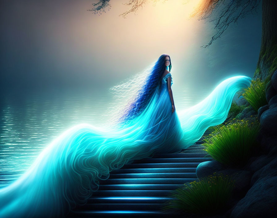 Mystical woman in flowing blue gown by serene lake under ethereal light