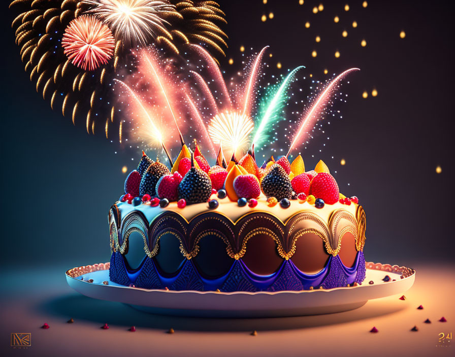 Colorful berry cake with sparklers on plate amid fireworks and glowing particles