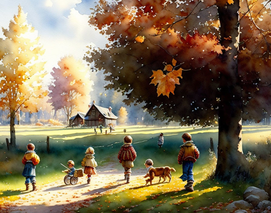 Children and dog walking to cottage through autumn foliage