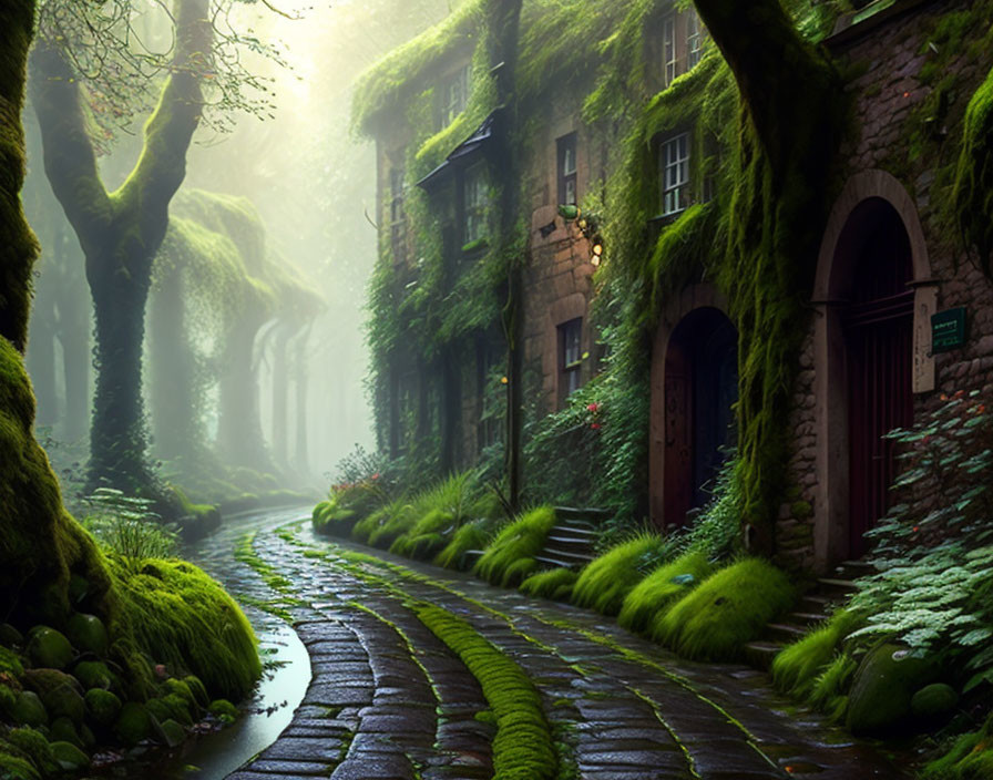 Tranquil cobblestone street with moss-covered stone houses and lush greenery