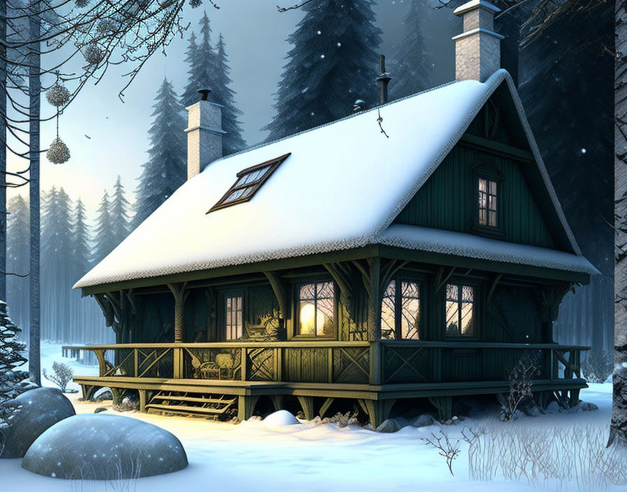 Snow-covered cabin in tranquil winter forest at dusk