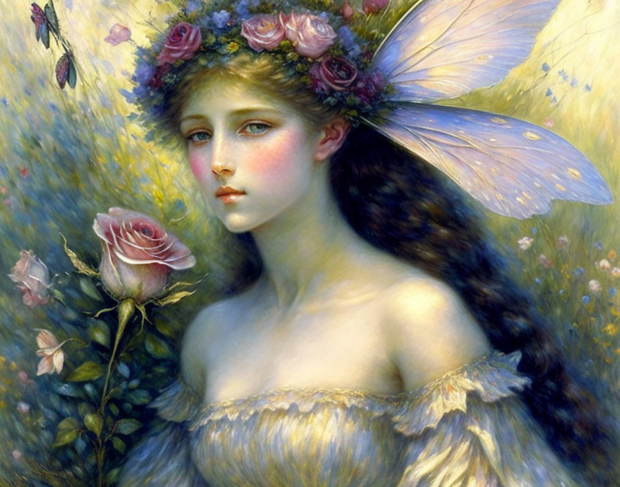 Feminine figure with fairy wings in blooming field, ethereal aura