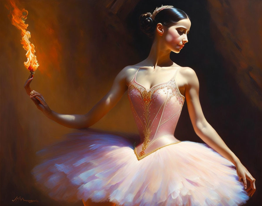 Graceful Ballerina in Pink Tutu with Flaming Torch on Dark Background