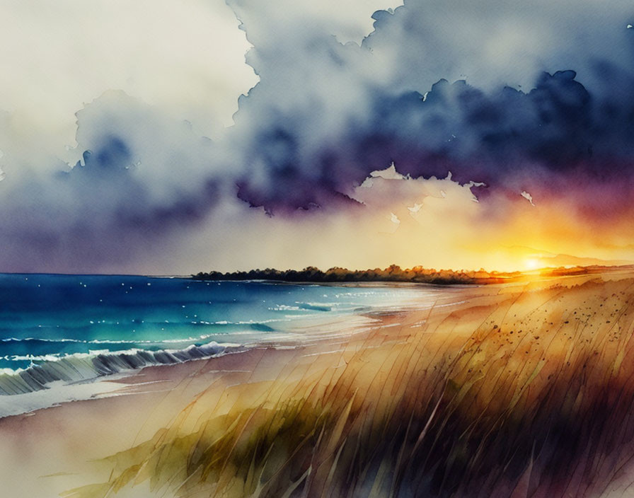 Scenic watercolor beach sunset with rolling waves and dramatic cloudscape