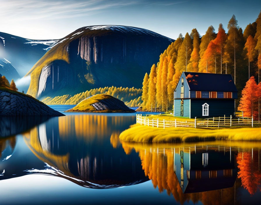 Tranquil blue house by autumn lake and mountains