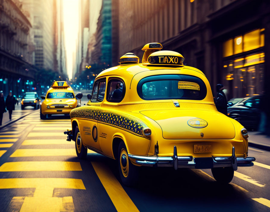 Yellow Vintage Taxi Cabs in City Street Scene