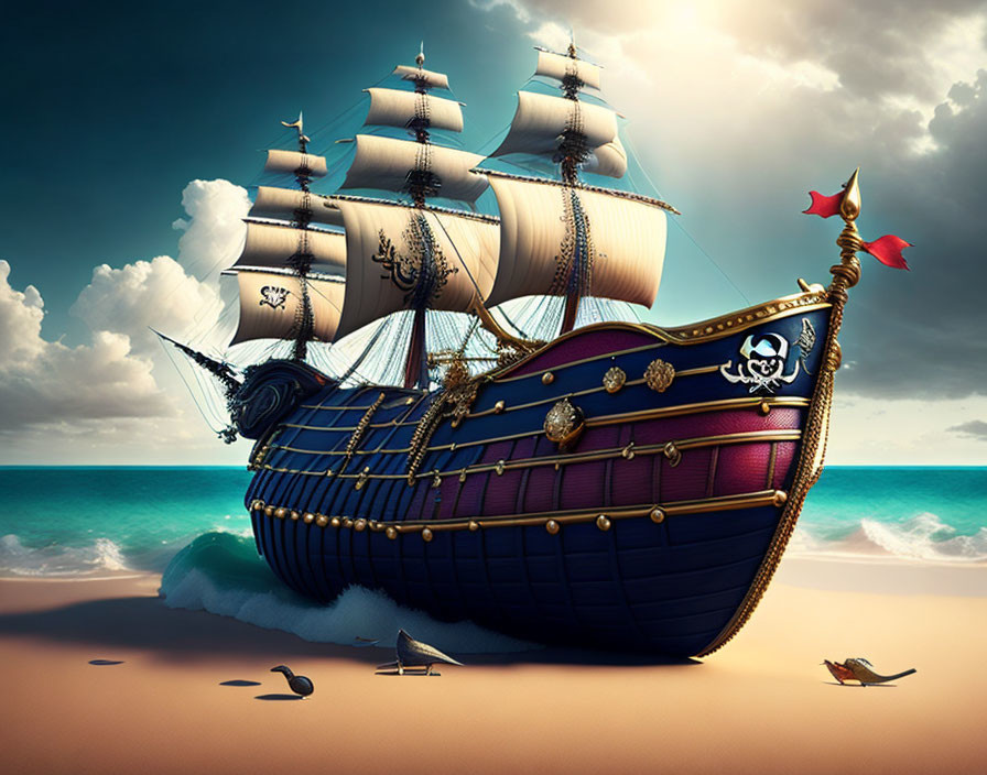 Ornate colorful pirate ship stranded on sandy shores