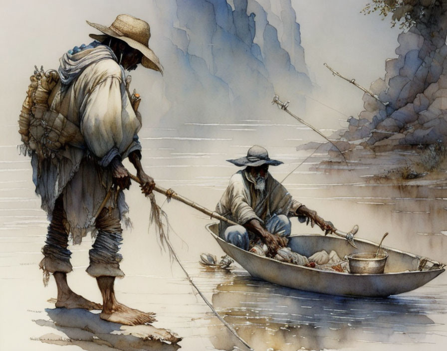 Traditional clothing watercolor painting of person wading and fishing in shallow water